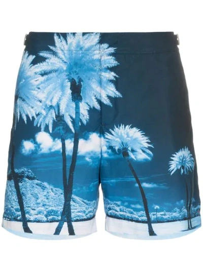 Orlebar Brown Bulldog Palm Tree Photo-print Swim Trunks In Blue