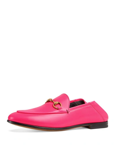 Gucci Brixton Neon Leather Horsebit Loafers In Bright Pink