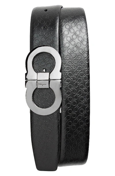 Ferragamo Micro Gancini Reversible Belt With Double Gancini Buckle In Black/blue Marine