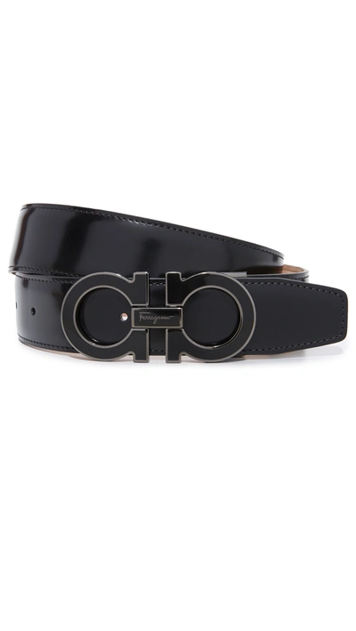 Ferragamo Double Gancio Outline Leather Belt In Gunmetal/black/brown
