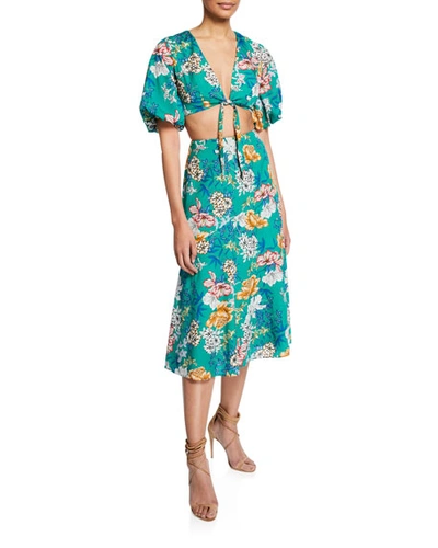 Aidan Mattox Floral-print Two-piece Tie-front Crop Top & Skirt Set In Teal