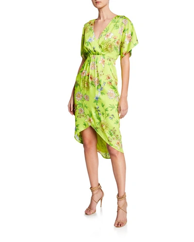 Aidan Mattox Dolman-sleeve Pleated Floral Short-sleeve Dress