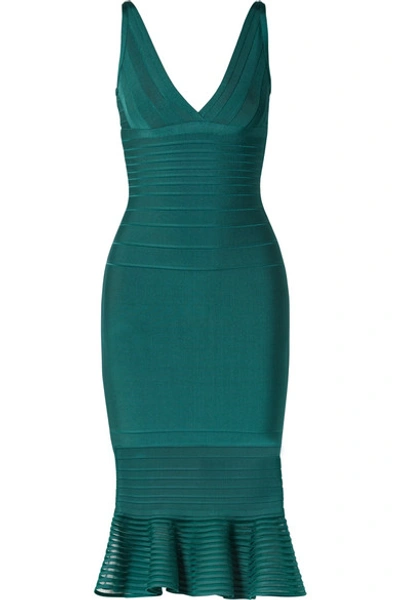 Herve Leger Sleeveless Tulle-striped Illusion-flounce Dress In Emerald