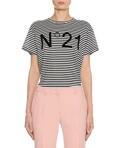 N°21 Striped Crewneck Short-sleeve Logo T-shirt In Black/white
