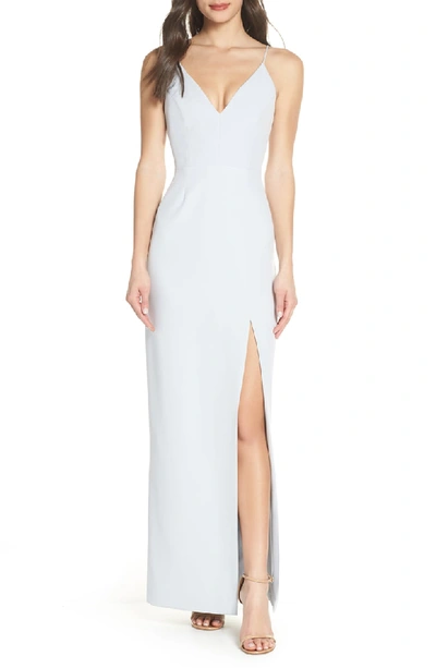 Wayf The Maisle Plunge-neck Column Gown With Slit In Ocean Mist