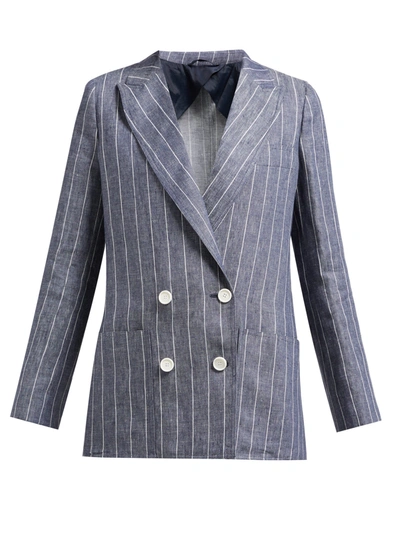 Max Mara Bellico Double-breasted Pinstriped Linen Blazer In Ultramarine