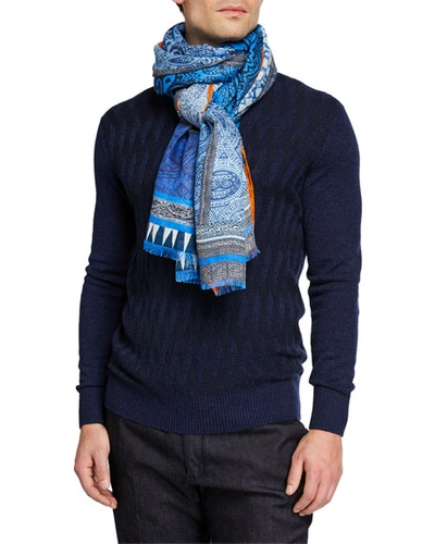 Etro Men's Graphic-print Linen Scarf In Navy