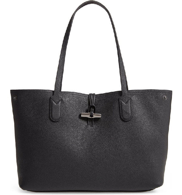 Longchamp Roseau Essential Medium Leather Shoulder Tote Bag In Black ...
