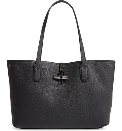 Longchamp Roseau Essential Medium Leather Shoulder Tote In Black