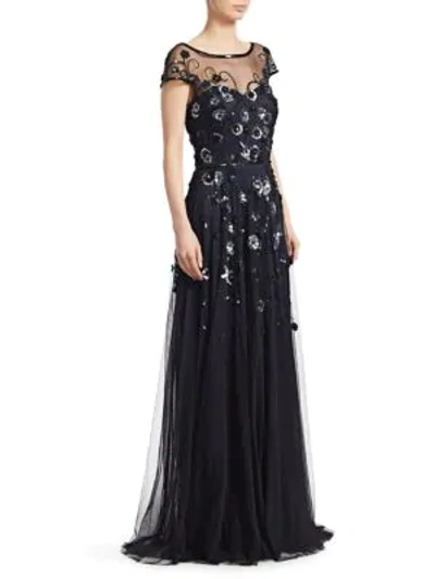 Theia Sequined Llusion Gown In Navy