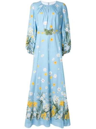 Andrew Gn Butterfly-detail Floral Silk Gown In Blue