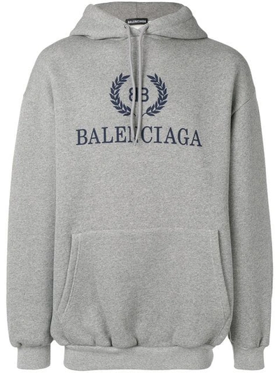 Balenciaga Crest Logo Cotton Jersey Hooded Sweatshirt In Grey