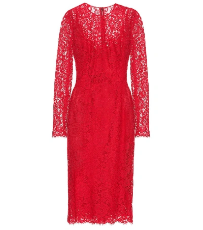 Dolce & Gabbana Long-sleeve Floral-lace Midi Dress In Red