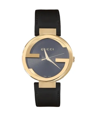 Gucci Interlocking Yellow Gold Pvd Black Leather Watch, 42mm In Black/ Gold
