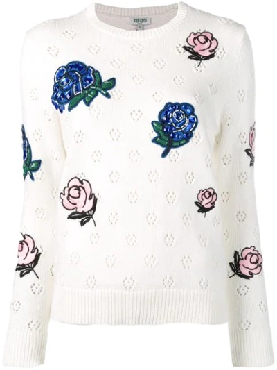 Kenzo Embellished Flower Sweater In White