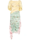 Preen By Thornton Bregazzi Javine Floral Ruched Silk Blend Patchwork Dress In Multicolour