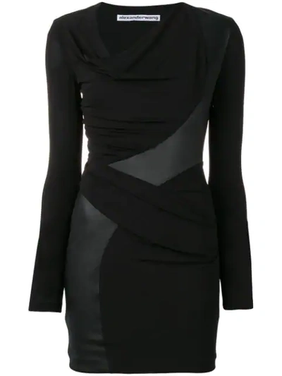 Alexander Wang Leather Detail Cowl Neck Jersey Dress In Black