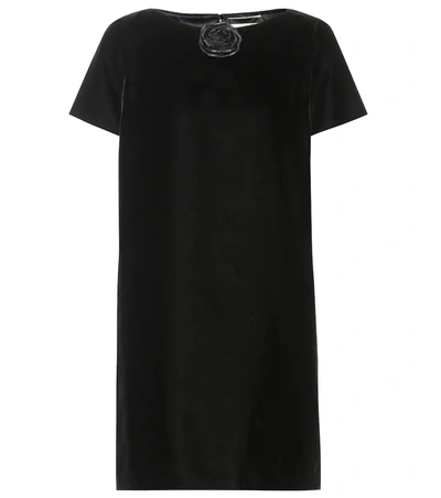 Saint Laurent Short-sleeve Rose-pin Mini Shift Dress In Black