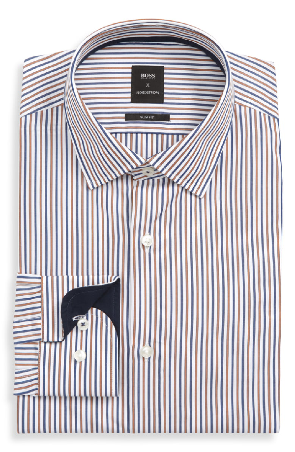 Hugo Boss X Nordstrom Jesse Slim Fit Stripe Dress Shirt In Med Brown |  ModeSens