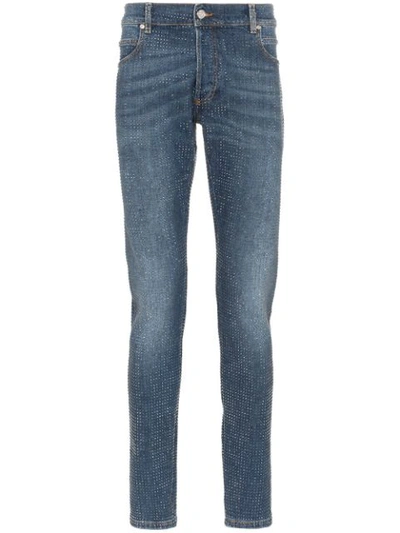 Balmain Rhinestone Embellished Skinny Jeans In 6aa Blue