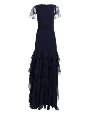 halston heritage black flounce gown