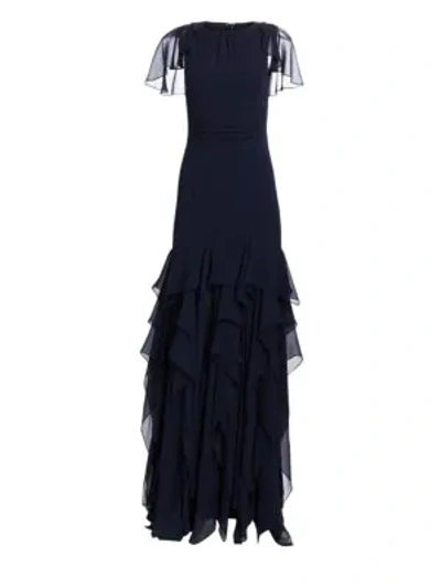 Halston Heritage Flutter Cap-sleeve Georgette Gown With Dramatic Flounce Skirt In Dark Navy