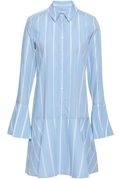Equipment Woman Fluted Striped Cotton-poplin Mini Shirt Dress Sky Blue