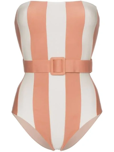 Adriana Degreas Porto Striped Strapless Swimsuit With Belt In Pink