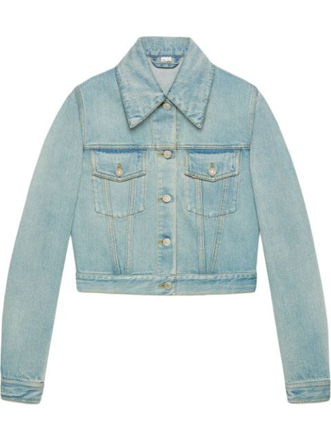 Gucci Embroidered Tiger Cropped Denim Jacket In 4493 Blue | ModeSens