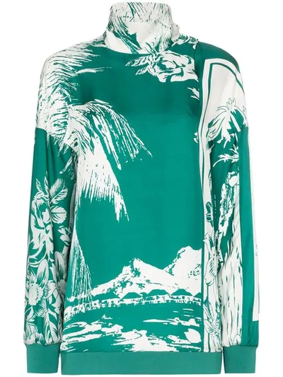 Aessai Tibi Silk Printed Funnel Neck Top In Green