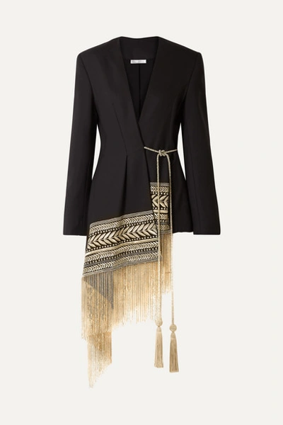 Oscar De La Renta Fringed Embroidered Wool-blend Twill Wrap Jacket In Black