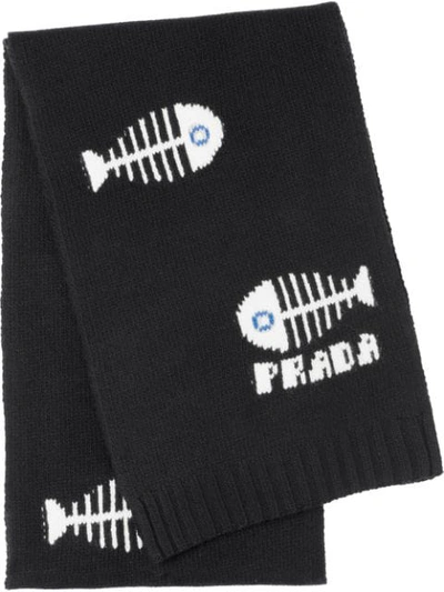 Prada Fishbone Pattern Scarf In Black