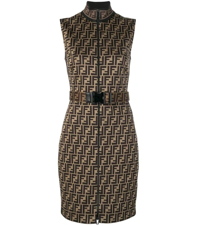 Fendi Ff-jacquard Cotton-blend Mini Dress In Brown