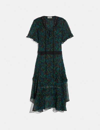 Coach Verziertes Kleid Mit Retro-blumen-print - Size 08 In Navy/green