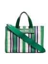 Miu Miu Striped Canvas Beach Bag In Green