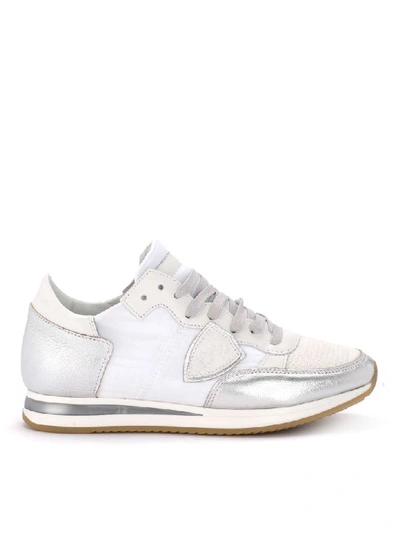 Philippe Model Tropez White And Silver Fabric And Leather Sneaker In Bianco