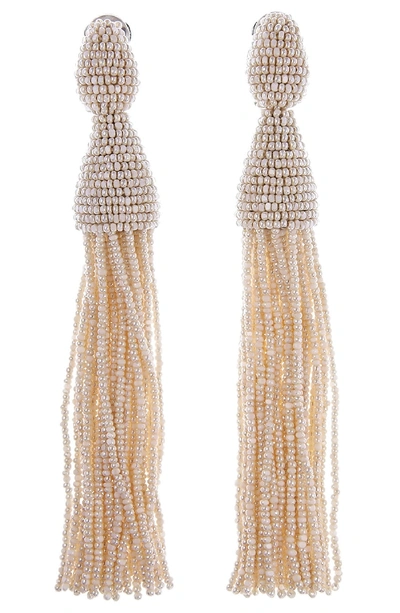 Oscar De La Renta Beaded Long Tassel Clip Earrings In Ivory