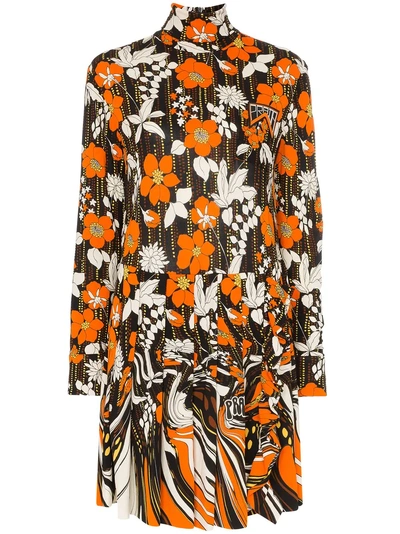 Prada Floral Print Turtleneck Mini Dress - Orange