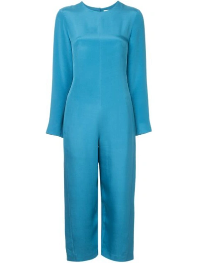 Tibi Open-back Silk Long-sleeve Jumpsuit With Fringe Tie In Blue