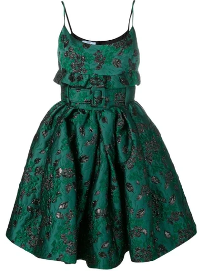 Prada Belted Satin Brocade Mini Dress In Green