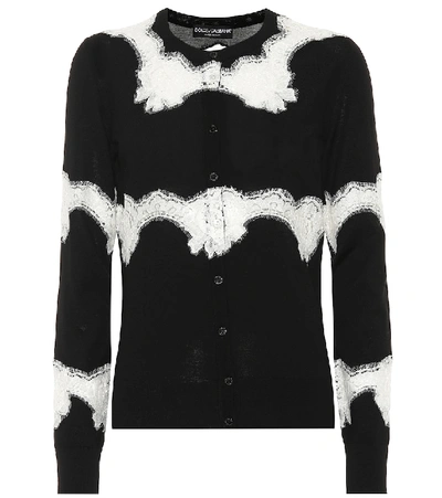 Dolce & Gabbana Lace Panel Wool Blend Cardigan In Black