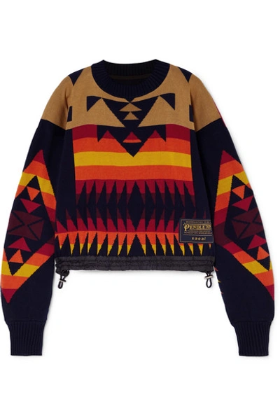 Sacai + Pendleton Shell-trimmed Intarsia Cotton-blend Sweater In Navy