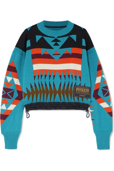 Sacai + Pendleton Shell-trimmed Intarsia Cotton-blend Sweater In Turquoise