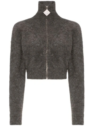 Alessandra Rich Crystal Embellished Cropped Mohair Blend Cardigan In Grey