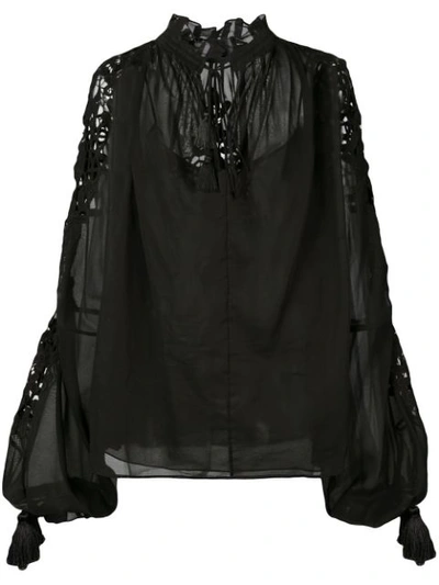 Oscar De La Renta Sheer Cotton Blouse With Open Lace Detail In Black