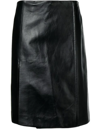 Prada Wrap Front Leather Skirt In Black