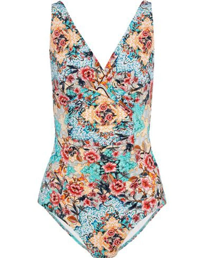 Jets By Jessika Allen Decorum Ruched Floral-print Underwired Swimsuit In Turquoise
