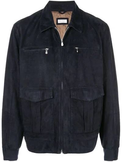 Brunello Cucinelli Leather Bomber Jacket In Blue