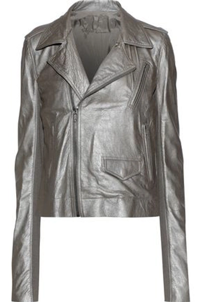 Rick Owens Woman Metallic Brushed-leather Biker Jacket Stone