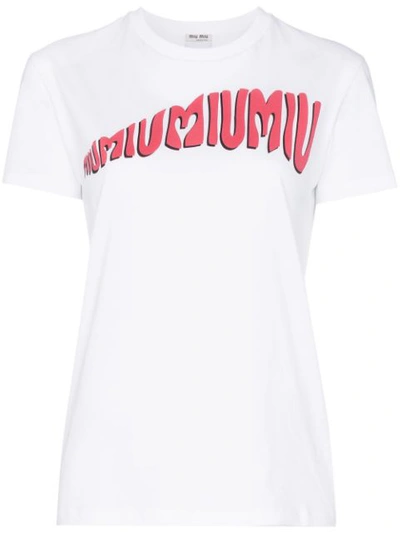 Miu Miu Bubble Letter Logo Cotton T-shirt In F0009  Bianco